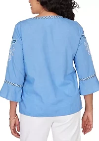 Petite Mykonos Floral Texture Embroidered Top