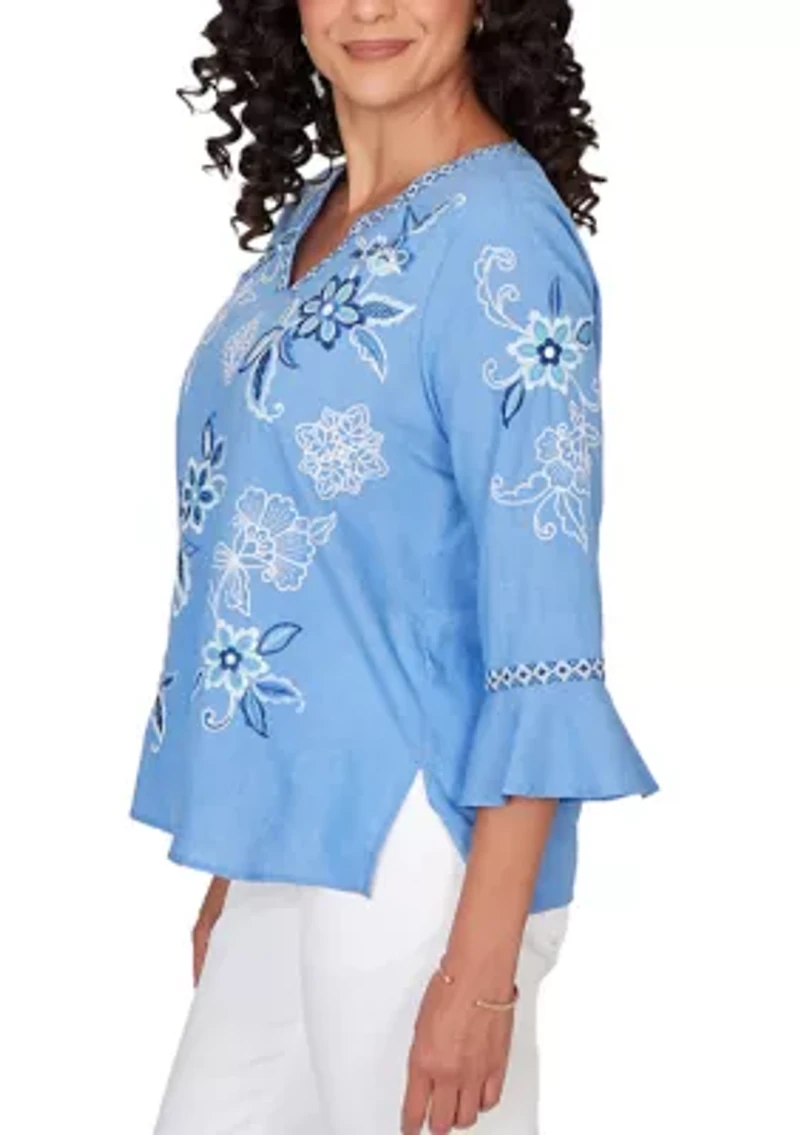 Petite Mykonos Floral Texture Embroidered Top