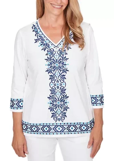 Petite Mykonos Scroll Center Embroidery Top