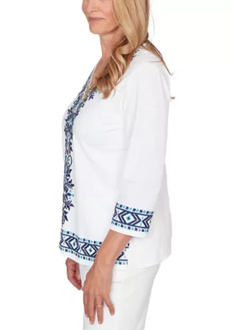 Petite Mykonos Scroll Center Embroidery Top
