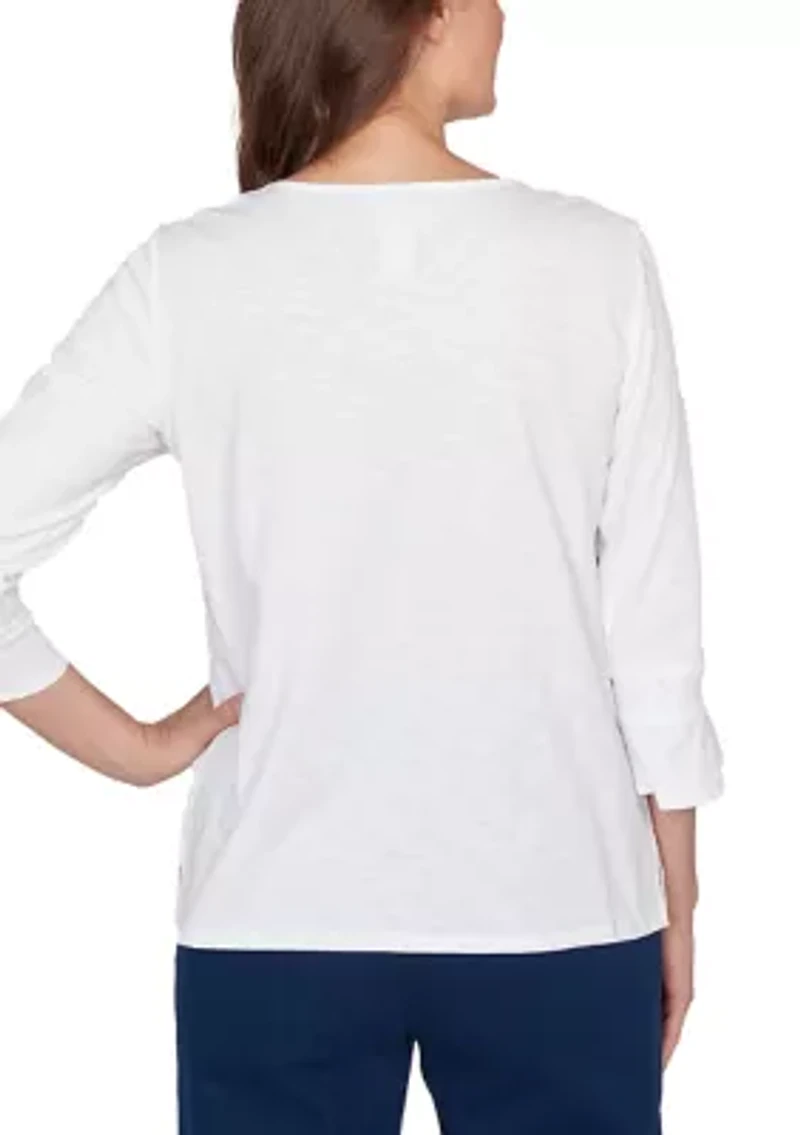 Petite Mykonos White On Medallion Embroidery Top