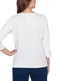 Petite Mykonos White On Medallion Embroidery Top