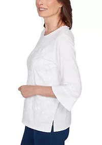 Petite Mykonos White On Medallion Embroidery Top