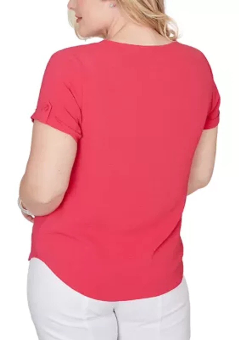 Petite The Royal Treatment Solid Short Sleeve Tab Detail Top