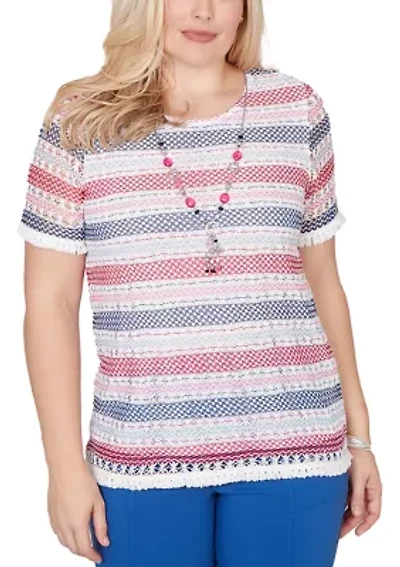 Petite Texture Biadere Top with Fringe