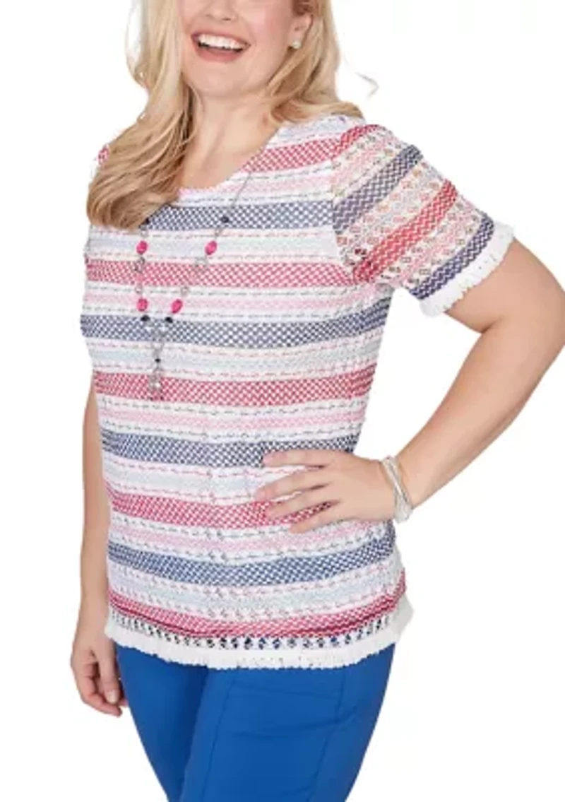 Petite Texture Biadere Top with Fringe