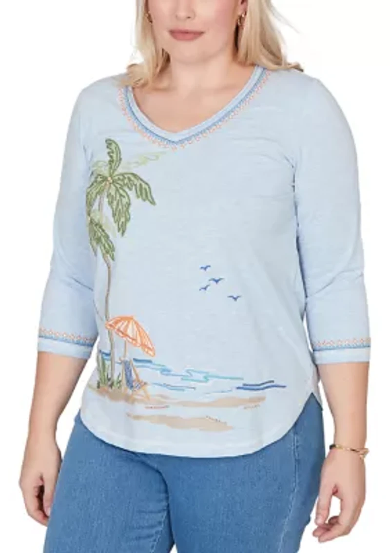 Women's Beachcomber Palm Tree Beach Embroidery Top