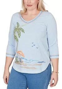 Women's Beachcomber Palm Tree Beach Embroidery Top