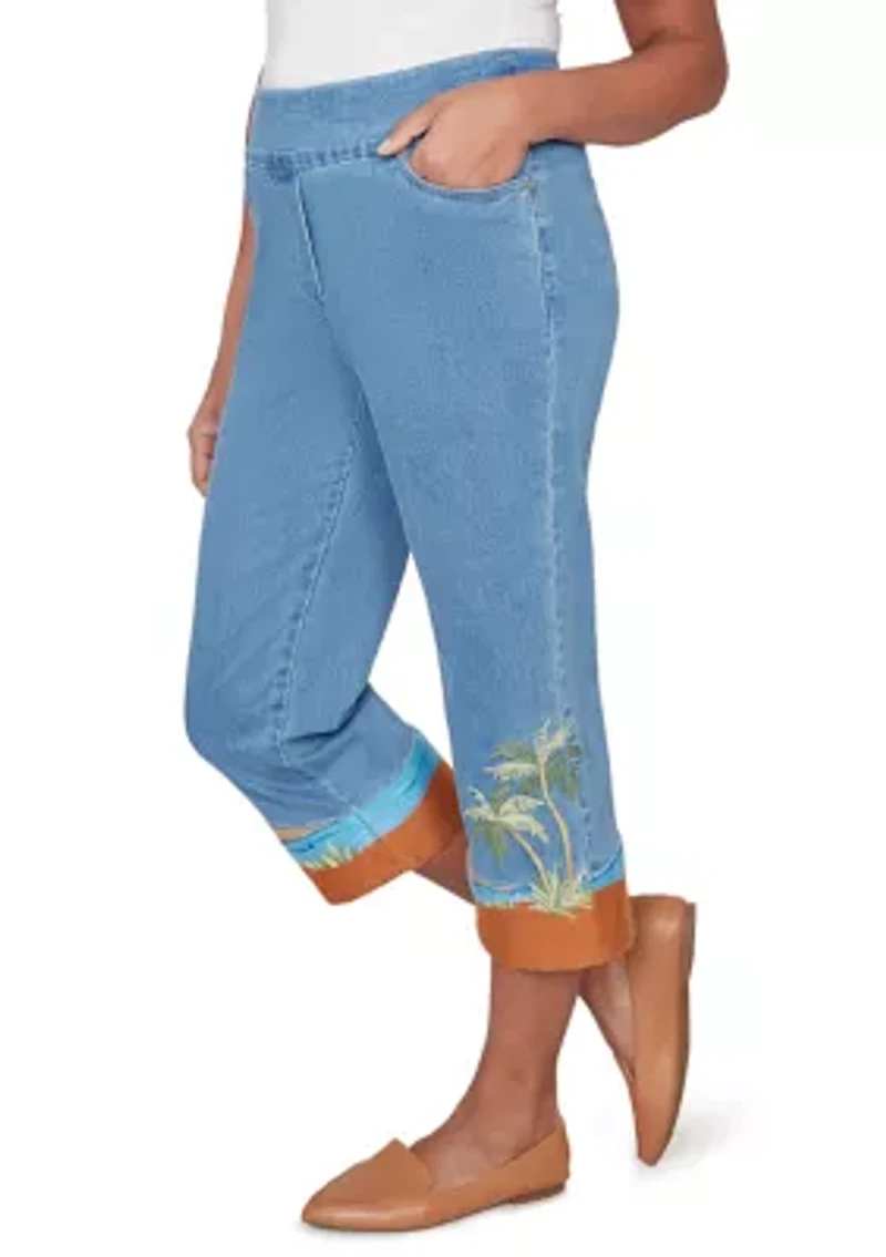 Petite Beachcomber Embroidered Scenic Cuff Capri Pants