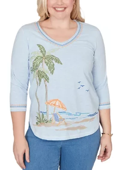 Petite Beachcomber Palm Tree Beach Embroidery Top