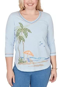 Petite Beachcomber Palm Tree Beach Embroidery Top
