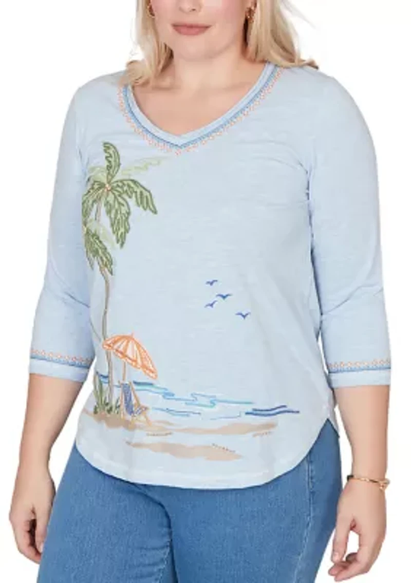 Petite Beachcomber Palm Tree Beach Embroidery Top