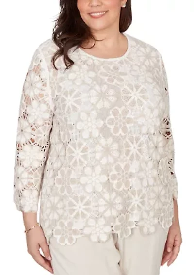 Plus Natural Wonder Floral Crochet Top