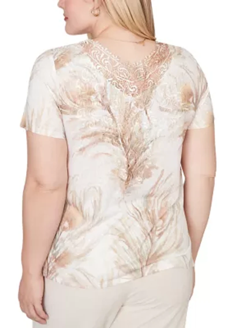 Petite Short Sleeve Feathers Knit Top