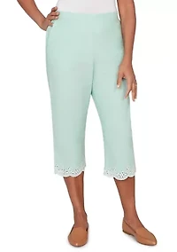 Women's Caribbean Blues Eyelet Embroidered Cuff Capri Pants