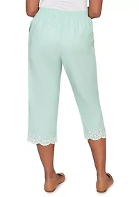 Women's Caribbean Blues Eyelet Embroidered Cuff Capri Pants