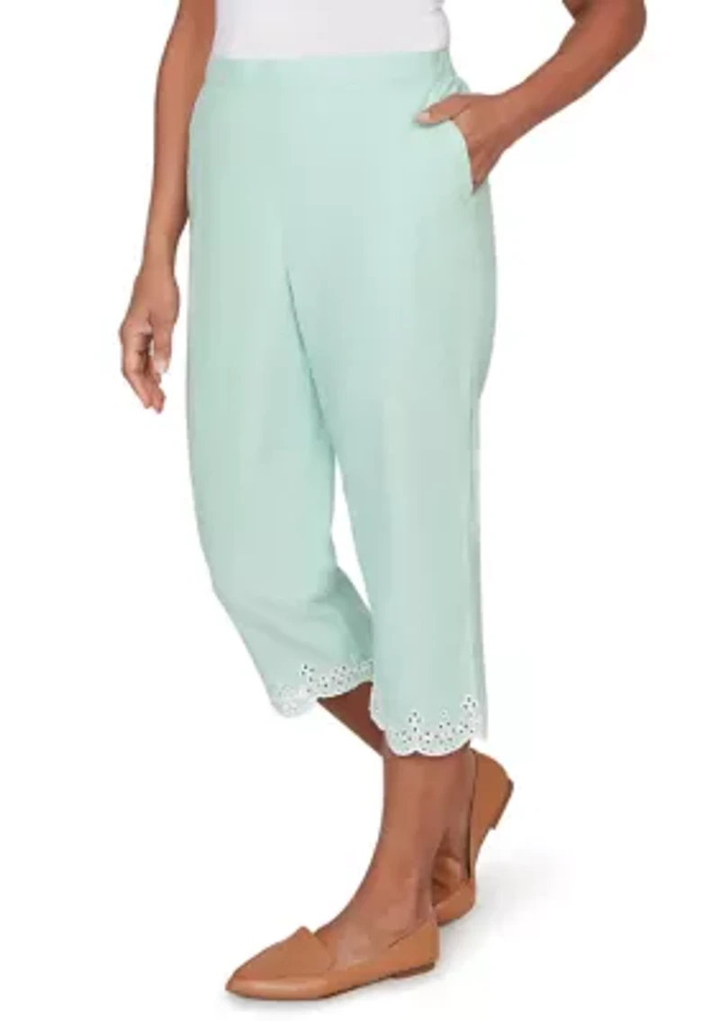 Women's Caribbean Blues Eyelet Embroidered Cuff Capri Pants