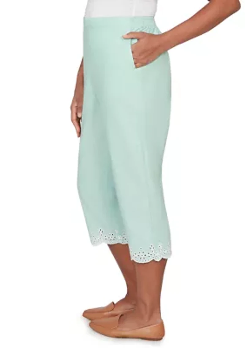 Women's Caribbean Blues Eyelet Embroidered Cuff Capri Pants