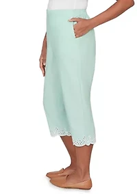 Women's Caribbean Blues Eyelet Embroidered Cuff Capri Pants