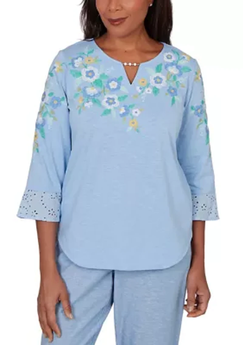 Women's Embroidered Floral Yoke Top