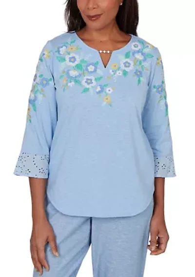 Women's Embroidered Floral Yoke Top
