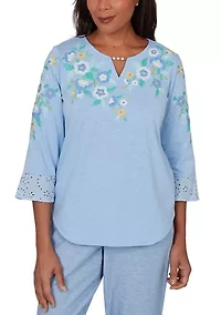 Women's Embroidered Floral Yoke Top