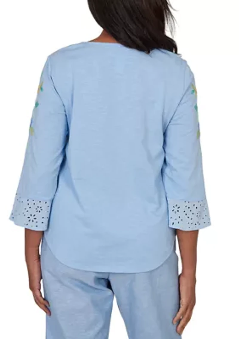 Women's Embroidered Floral Yoke Top