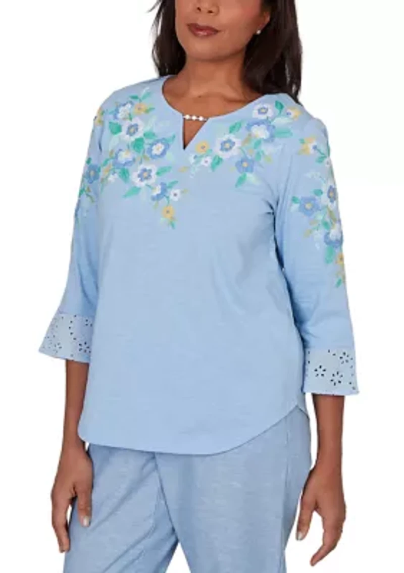 Women's Embroidered Floral Yoke Top