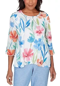 Women's Caribbean Blues Whimsical Flowers Top