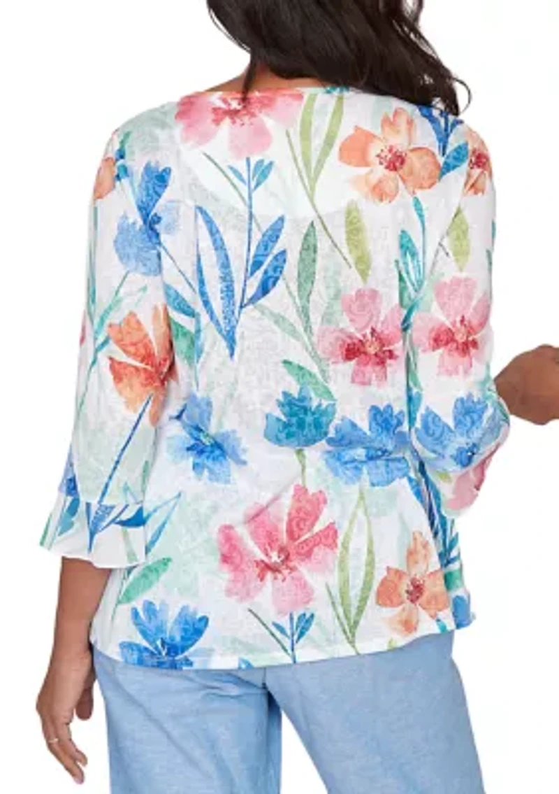 Women's Caribbean Blues Whimsical Flowers Top