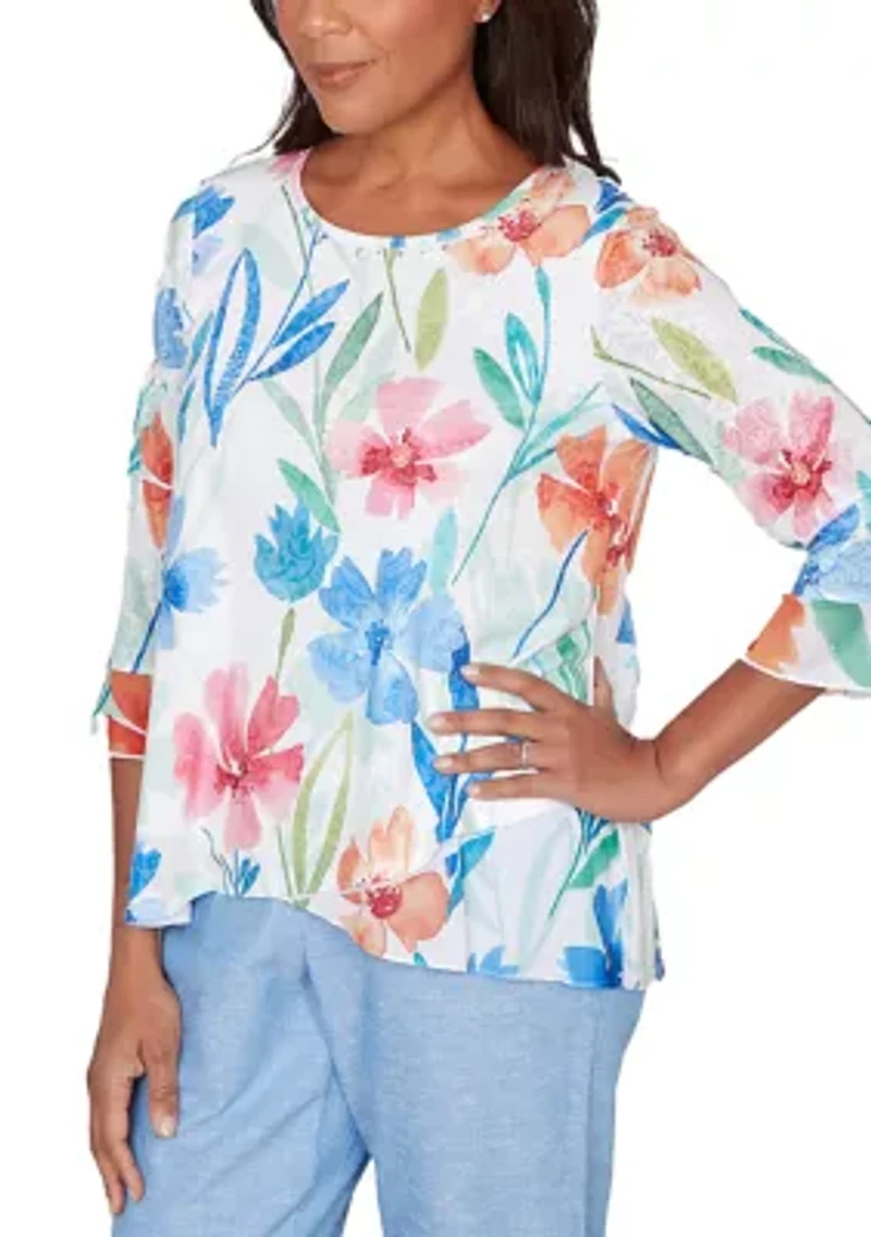 Women's Caribbean Blues Whimsical Flowers Top