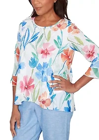 Women's Caribbean Blues Whimsical Flowers Top