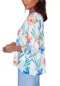 Women's Caribbean Blues Whimsical Flowers Top