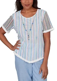 Women's Blues Texture Stripe with Fringe Top