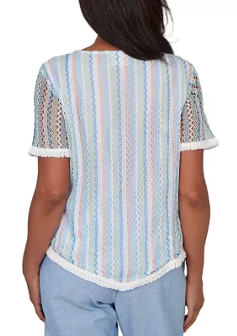 Women's Blues Texture Stripe with Fringe Top