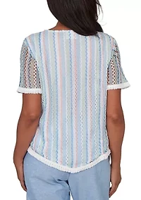 Women's Blues Texture Stripe with Fringe Top