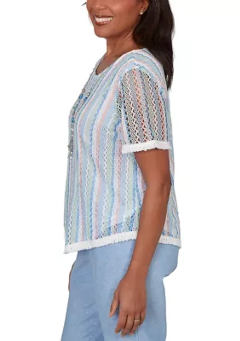 Women's Blues Texture Stripe with Fringe Top