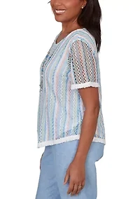 Women's Blues Texture Stripe with Fringe Top