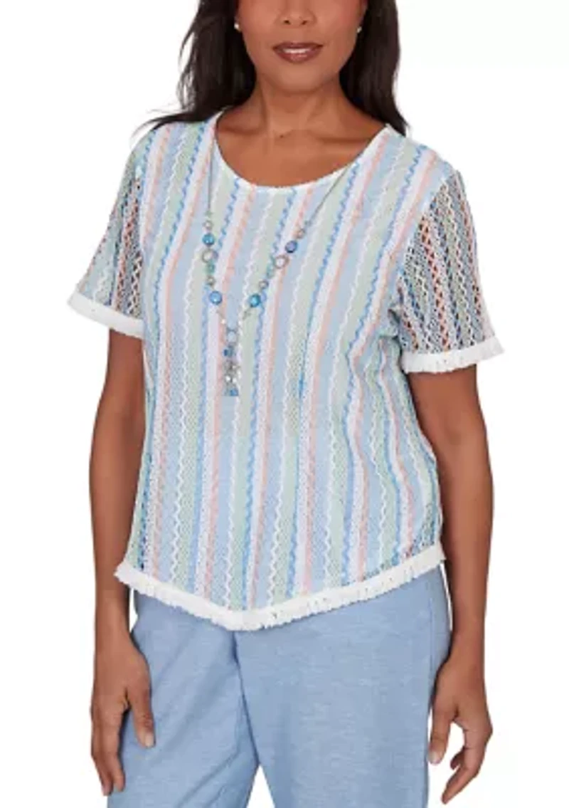 Women's Blues Texture Stripe with Fringe Top