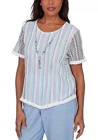 Women's Blues Texture Stripe with Fringe Top