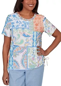 Women's Patchwork Scroll Eyelet Top
