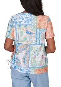 Women's Patchwork Scroll Eyelet Top