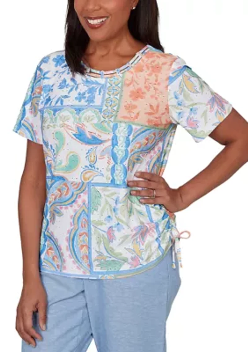 Women's Patchwork Scroll Eyelet Top