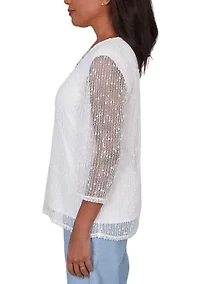 Women's Caribbean Blues Asymmetric Eyelet Flowers Top