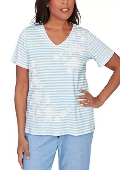 Women's Caribbean Blues Striped Floral Shirt