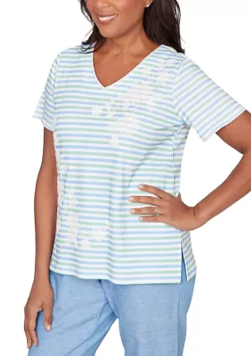 Women's Caribbean Blues Striped Floral Shirt
