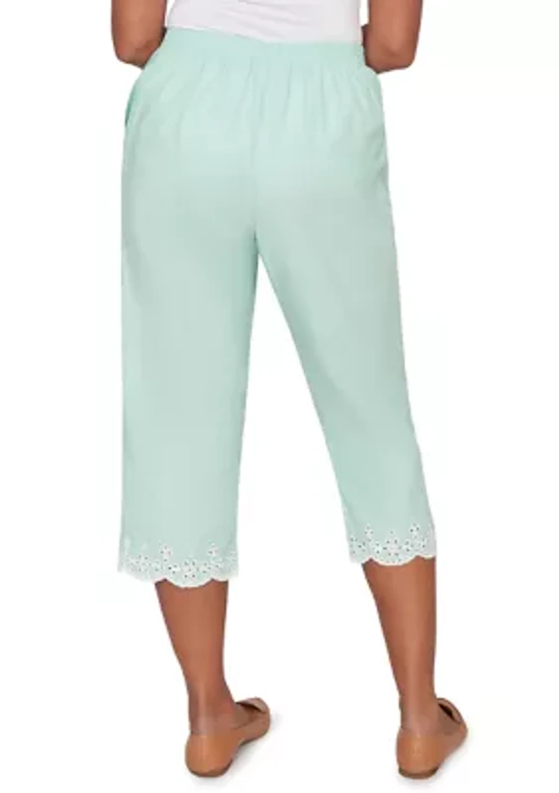Petite Caribbean Blues Eyelet Embroidered Cuff Capri Pants