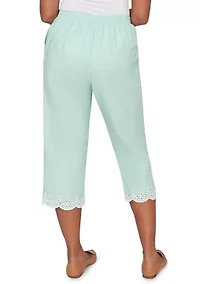 Petite Caribbean Blues Eyelet Embroidered Cuff Capri Pants