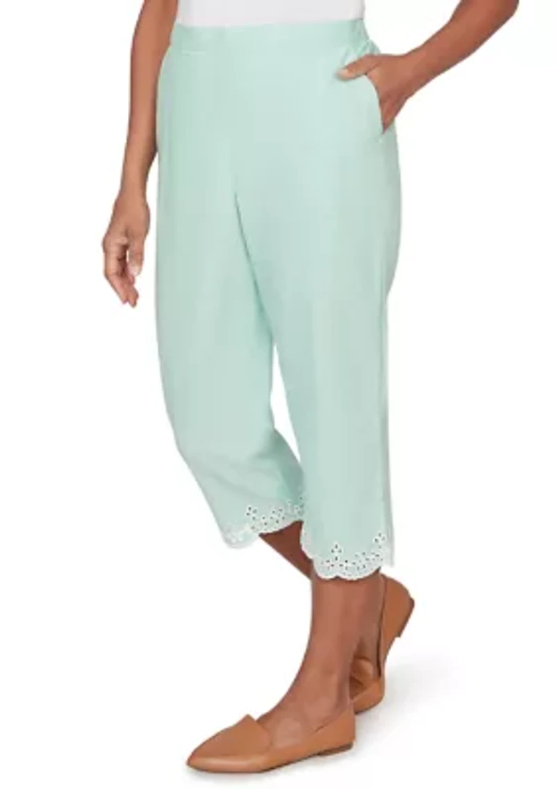 Petite Caribbean Blues Eyelet Embroidered Cuff Capri Pants