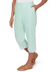 Petite Caribbean Blues Eyelet Embroidered Cuff Capri Pants